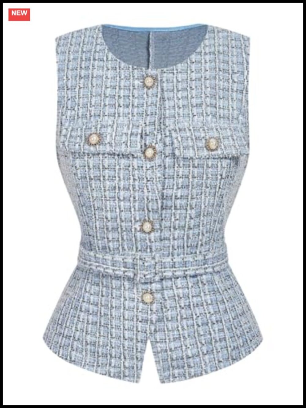 Tweed Plaid Sleeveless Blazer Vest Pearl Beaded Button Down Belted